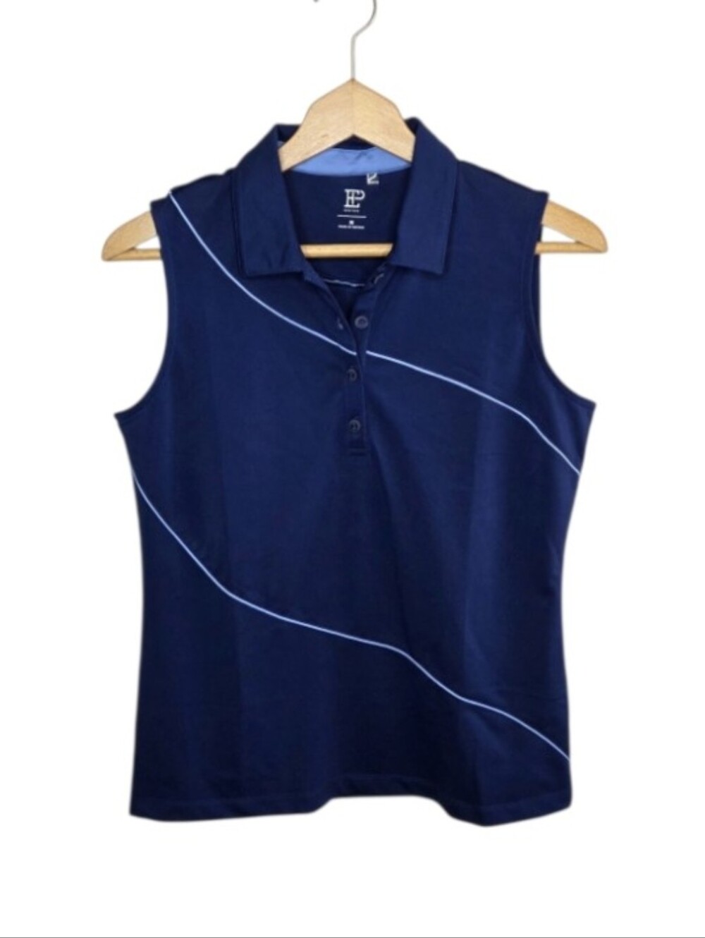 EP Pro New York Navy Blue Sleeveless Golf Polo Light Blue Piping Size Medium